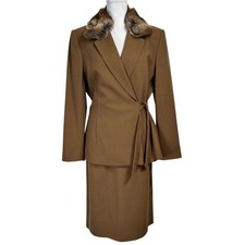 NEW Vintage Wool Crepe Skirt Suit Sz 14 Toffee Brown Faux Fur Collar Wrap Kasper