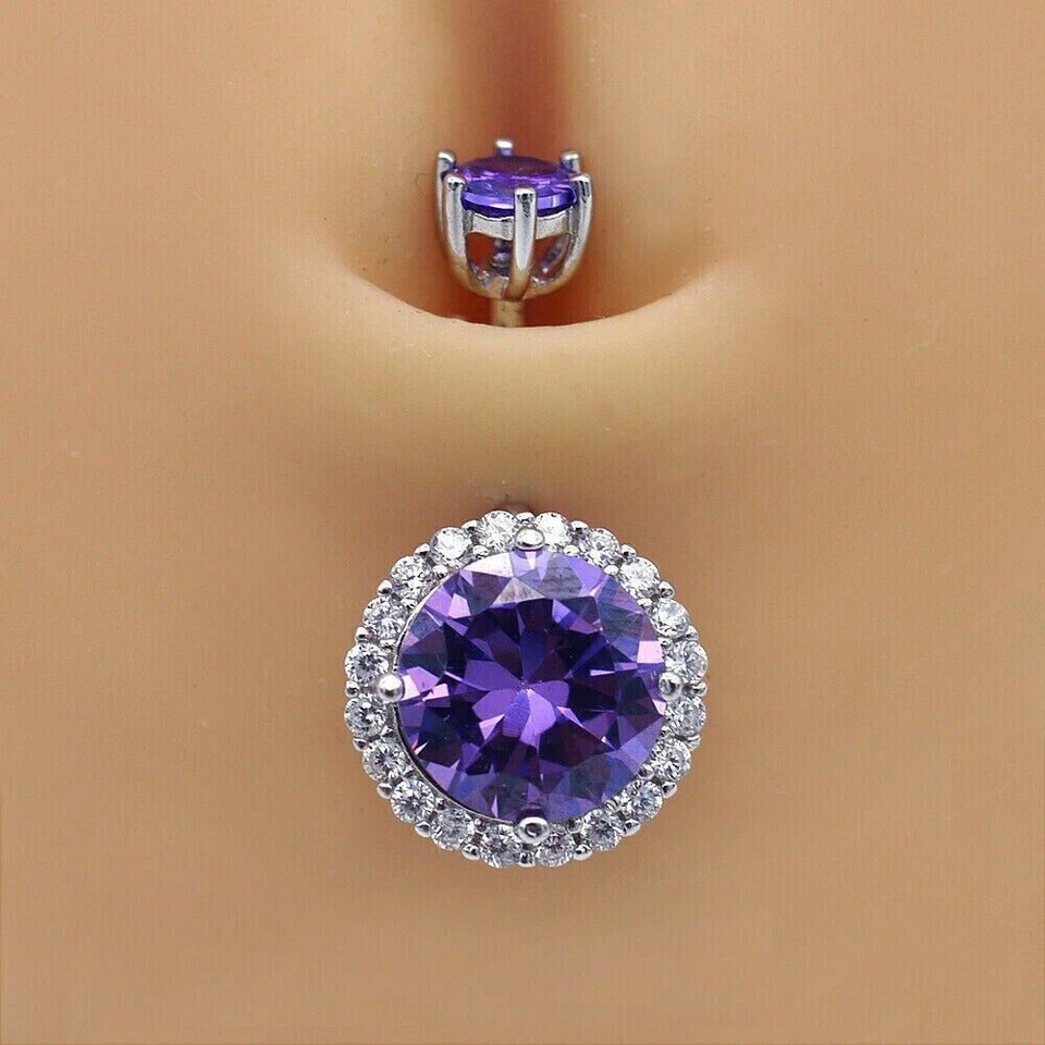 Anillo redondo de ombligo de diamantes de amatista creado en laboratorio de 2 quilates acabado en oro blanco de 14 quilates Foto 4 de 4