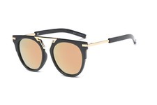 Women's Cat Eye Sunglasses Double Bridge Gold Bar Round Lens Trendy UV400