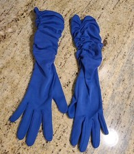 Vintage Size M 6.5 Blue Nylon Stretch Formal 16" Long Gloves Ruched Scrunch Arm