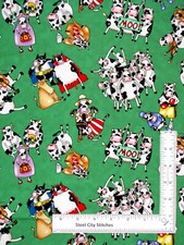 Farm Animal Cow Fabric By Yard 44"W Funny Cows Green Cotton Elizabeths Studio