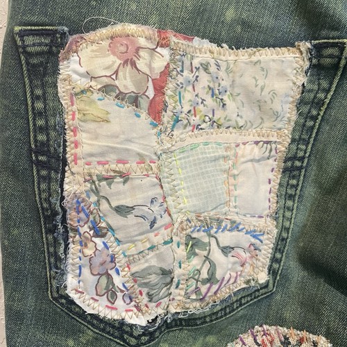 Upcycled Womens One Of A Kind Patchwork Jeans Kantha Bleached Dyed Green Boho - Afbeelding 10 van 22
