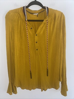Anthropologie Akemi + Kin Blouse Mustard Yellow Tunic BeadedTassels Size XS