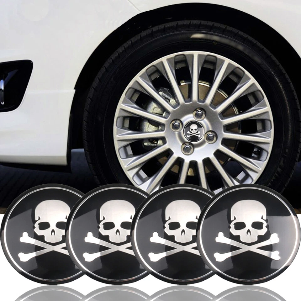 4Pcs 56mm Skull Wheel Rim Center Hub Cap Covers Emblem Car Stickers Bones Trims — 第 2/4 张图片