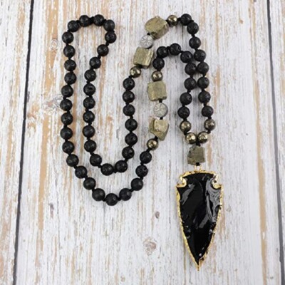 Natural Lava Rock Obsidian Stone Arrow Pendant Necklace for