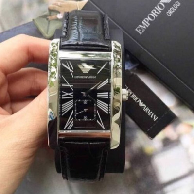 NEU ORIGINAL EMPORIO ARMANI AR0143 RECHTECKIGES SILBERNES GEHÄUSE SCHWARZES ZIFFERBLATT HERREN UHR