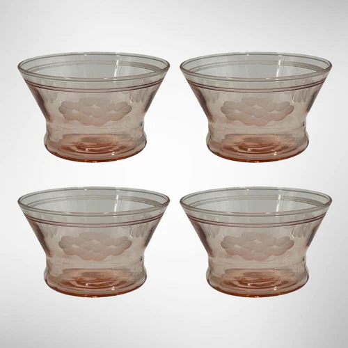 Set of 4 Vintage Pink Etched Depression Glass Sherbet Fruit Dessert Bowl 3½ x 2"