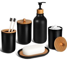 Black Bathroom Set 5 Pcs, Matte Black Bathroom , Plastic Soap Dispenser and T...