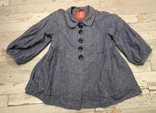 Free People Linen-Blend Jacket MEDIUM Blue Chambray Puff-Sleeve Swing-Coat FLAW