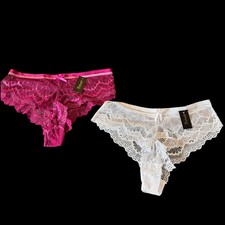 Fredericks of Hollywood Womens Panties 1X Pink White Lace Cheeky Set Romantic