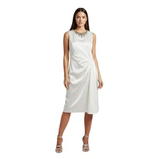 Teri Jon Rickie Freeman White Beaded Neckline Draped Sheath Dress Size 12 NWT
