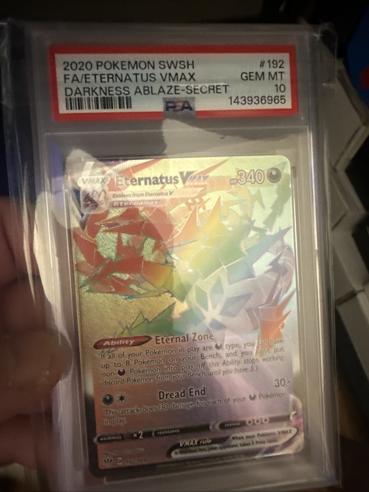 2020 Eternatus VMAX Swsh03: Darkness Ablaze-Secret Holo 192/189 PSA 10