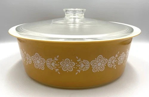 VTG Pyrex Big Bertha Butterfly Gold, 664, Complete W/Lid 4QT Round Casserole