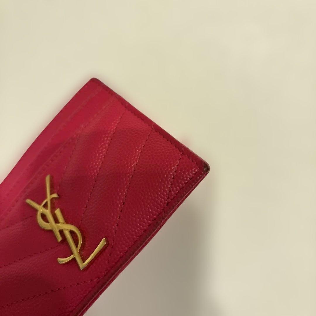 YSL Saint Laurent Pink Logo V Stitch Card Case Holder Midori Used thumbnail 6