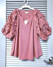 mauve pink floral crochet bubble slev pleat top 2XL