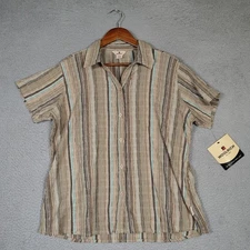 Woolrich Lake Harmony Shirt Women's XL Brown Striped Short Sleeve Button-Up NWT