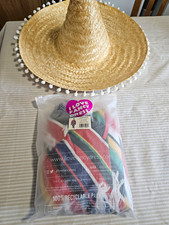 I Love Fancy Dress Mexican Poncho & Straw Sombrero Set One Size Tassels