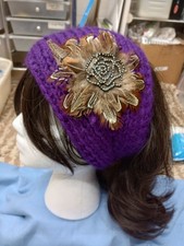 Women's embellished Cozy Winter Headband Ear Warmer with feathers vintage brooch
