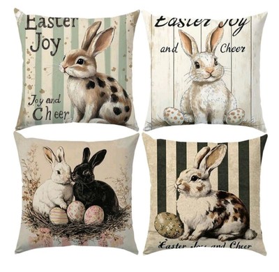 Set Of 4 Adorable Farmhouse Easter Bunny Spring Throw Pillow Covers 18X18''