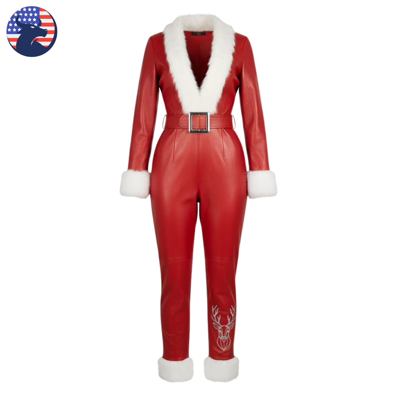 Mujeres Rojo Real Piel de Oveja Piel de Oveja Mono Navidad Cinturón Mameluco