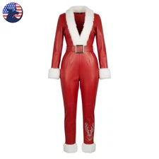 Womens Red Real Sheepskin Shearling Fur Leather Jumpsuit Christmas Belted Romper