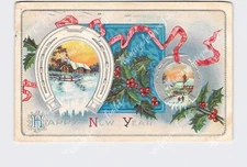 PPC Postcard New Years Happy Holly Snow Covered Scenic View Gold Embossed
