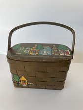 Vintage 1970s Caro Nan Basket Purse Signed Handpainted Town Scene Happy