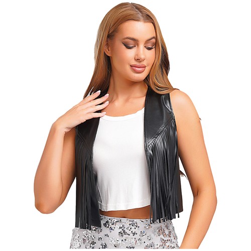 Women's Sleeveless Faux Leather Fringe Vest Waistcoat for Western Party Looks - Picture 9 of 27
