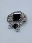 Faux Onyx Stone 1.25” Silver Tone Rhinestone Brooch Pin