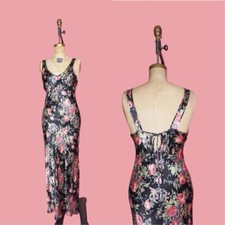 1990s BETSEY JOHNSON Black Satin Floral Keyhole Back Tie Dress. Small-medium