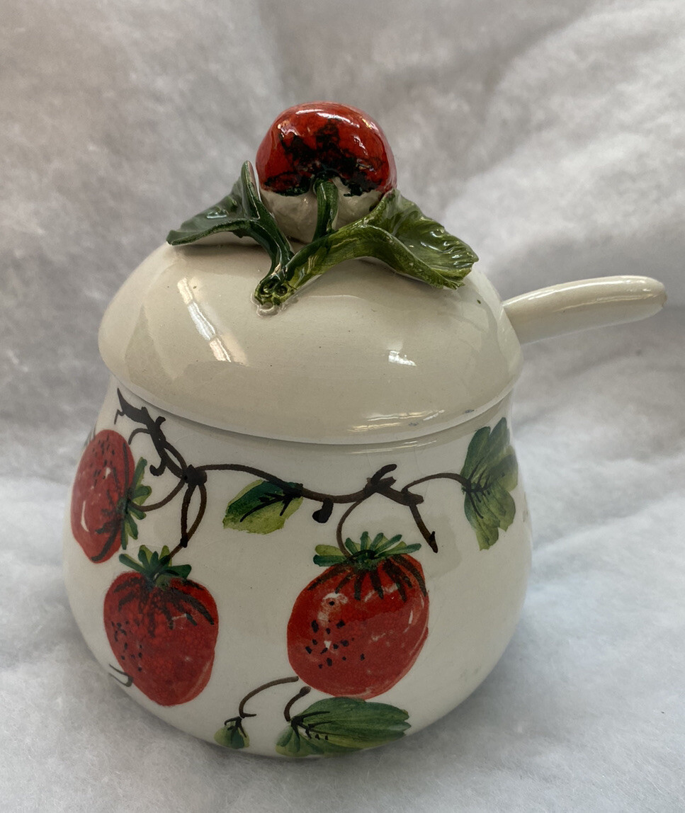 Vintage Strawberry Sugar Bowl Pot With Spoon Made In Italy eBay