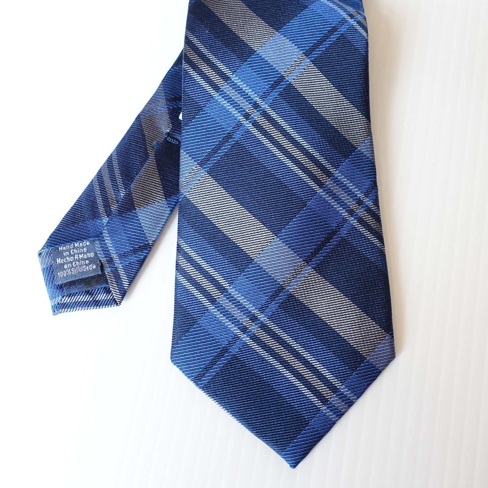 RYAN SEACREST DISTINCTION Blue Silver Gray Hills Multi Plaid Silk Slim Tie