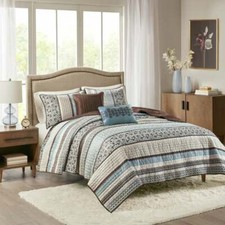 NEW COZY COTTAGE LODGE LOG CABIN BLUE WHITE BROWN GREY LEAF MODERN QUILT SET