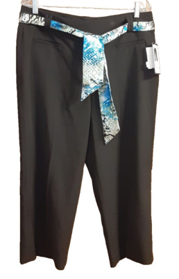 Larry Levine Stretch Black Pants Cropped With Blue Satin Belt Misses Size 12 NWT