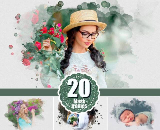20 Watercolor portrait paint masks photo frame Photoshop overlay clipping mask