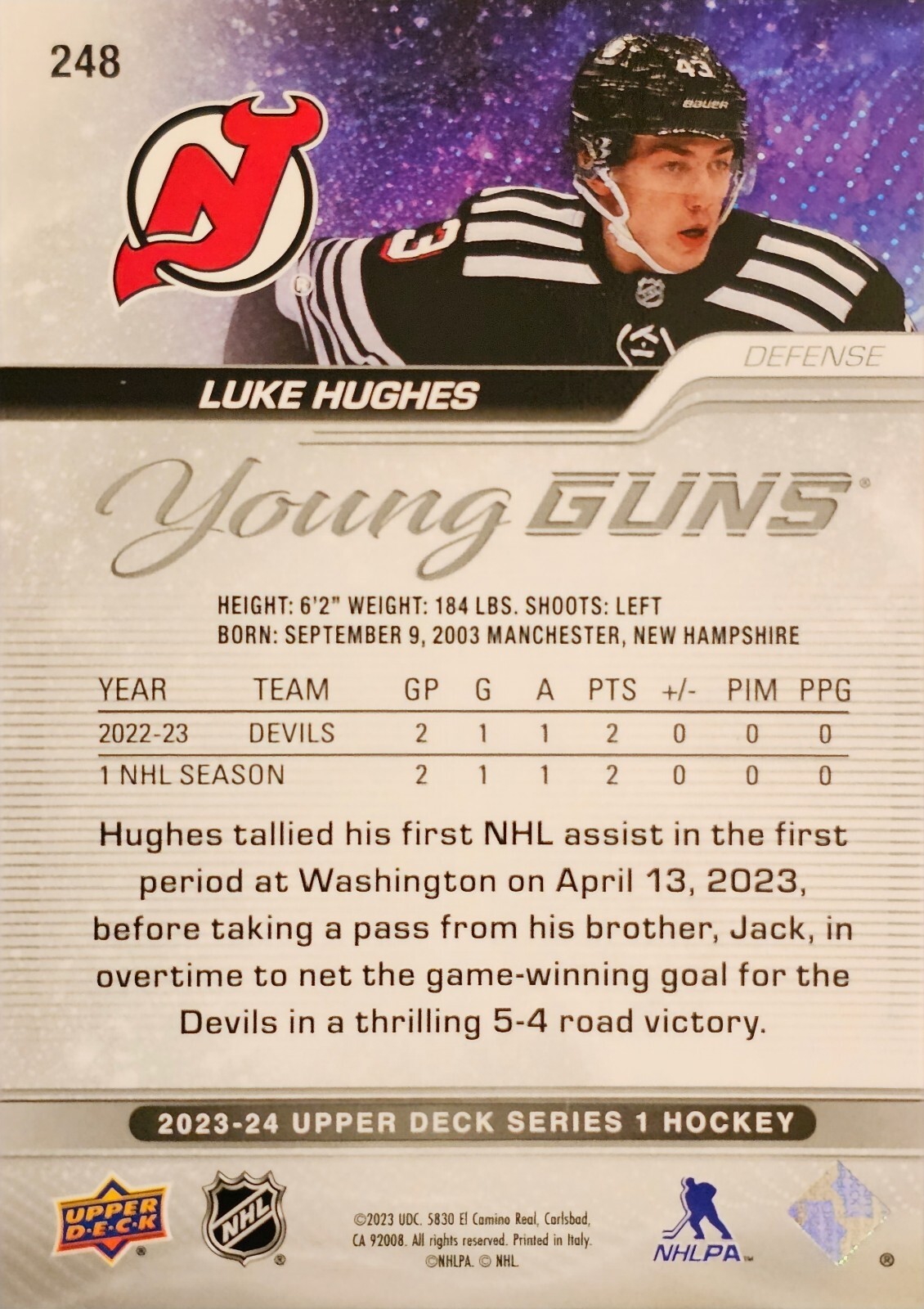 2023-24 Upper Deck Series 1 - Young Guns #248 Luke Hughes New Jersey Devils (RC) - Picture 2 of 2