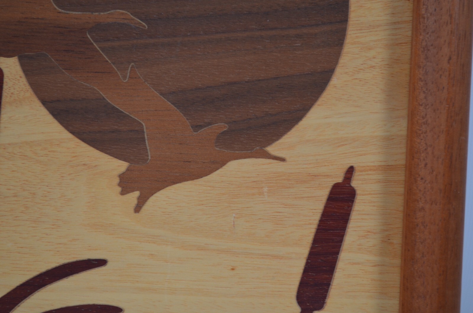 Vintage 1985  Hand Carved  Wood Inlay Flying Duck Marquetry Artwork  11” x 9”