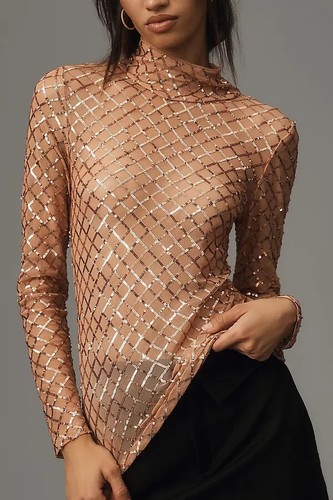 New Anthropologie Pilcro Turtleneck Sequin Top Brown XL $98 NWT - Picture 4 of 5