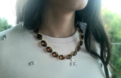 Anna Wintour Smoked Topaz Necklace Oval Rhinestone Collet - Gold Jewelry Gifts