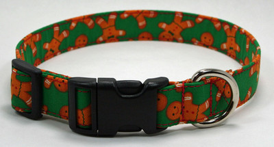 Holiday Ginger Bread Men on Green Dog Collar Adjustable Handmade Custom Designer