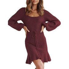 THANTH Women's Cutout Backless Short Sweater Dress Drawstring Lantern M NWT