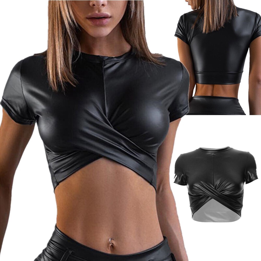 Damen Crop Top Oberteil Bauchfrei Kunstleder Kurzarm Bluse Shirt