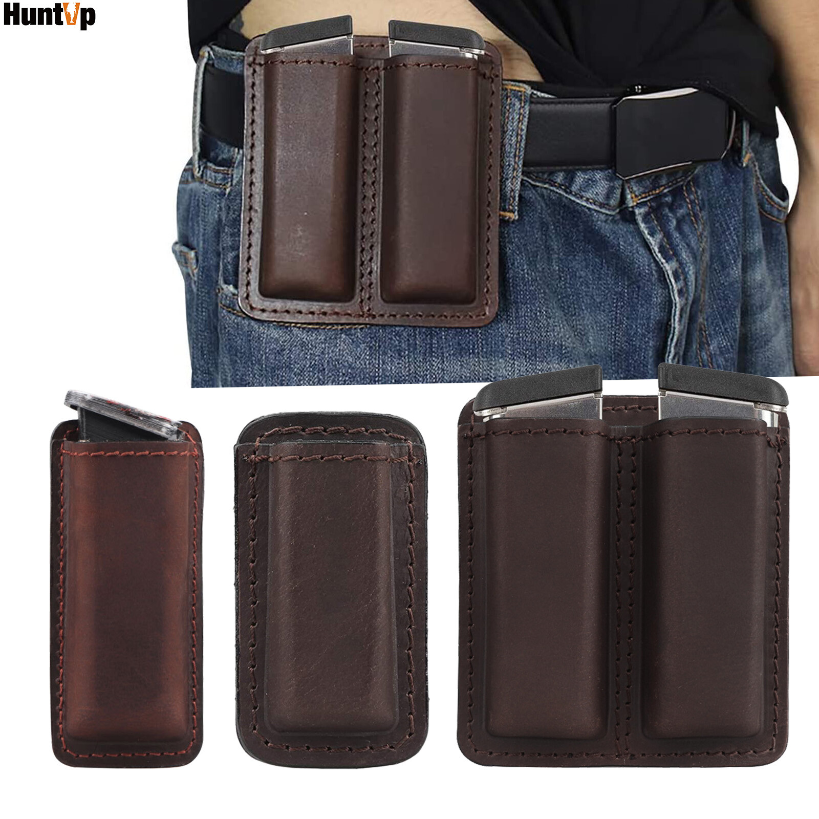 IWB Genuine Leather Magazine Pouch for.380 9mm Pistol Single / Double Mag Holder