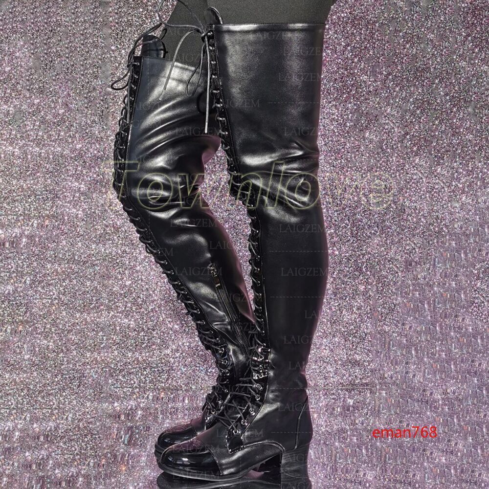 Women Thigh High Boots Patchwork Low Heel Boots Over The Knee Shoes Club  Lace Up