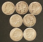 Lot of 7 total-Lot of 5 Mercury 90% Silver Dimes & Lot of 2-90% silver dimes