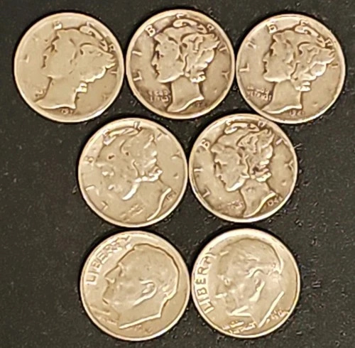 Lot of 7 total-Lot of 5 Mercury 90% Silver Dimes & Lot of 2-90% silver dimes