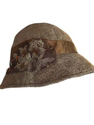Nest Y2K Brown Wool Herringbone Cloche Bucket Hat Hand Embellished Silk Band Nest Y2K Brown Wool Herringbone Cloche Bucket Hat Hand  main image 2