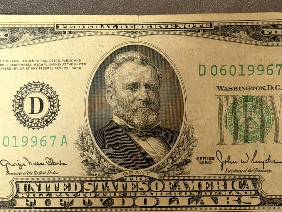 1950 D $50 Fifty Dollar Federal Reserve Green Seal New York Note  - Image 4 of 4