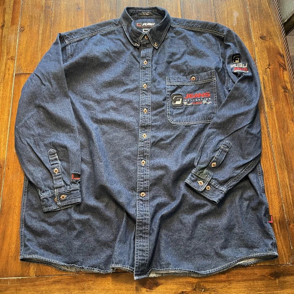Camisa FUBU Para Hombres 3XL Azul Denim Abotonada La Colección Jeans Bordados Foto 2 de 4