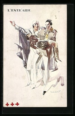 Artist postcard Red Cross sister with injured child 